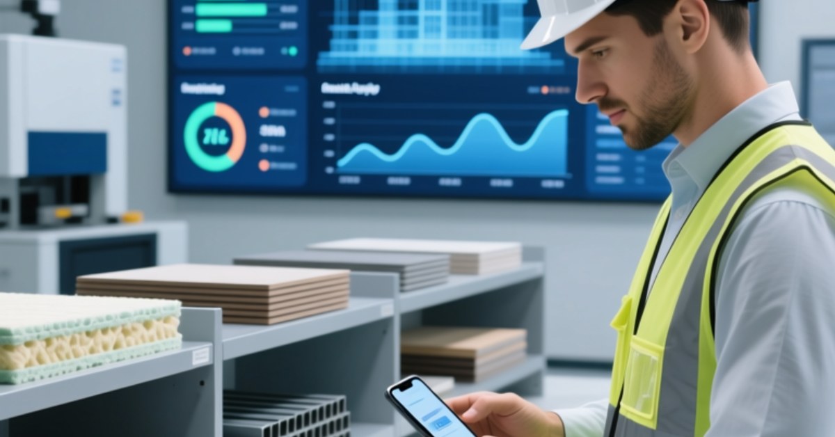 Bauarbeiter hält Smartphone über NFC-Tag auf einer Baumaterialprobe, im Hintergrund sind digitale Passdaten zu sehen
