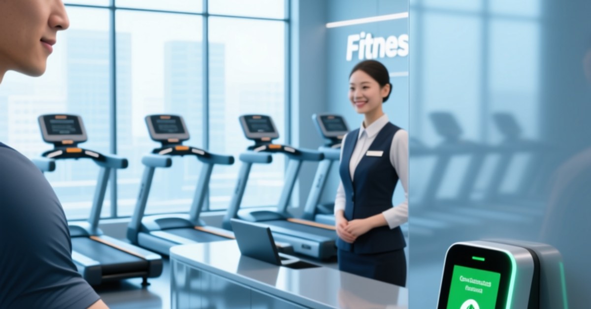 Ein Mitglied eines Fitnessclubs tippt mit einem NFC-Armband an ein Lesegerät am Eingang des Fitnessstudios, um sich einen sicheren Check-in und Schließfachzugang zu sichern