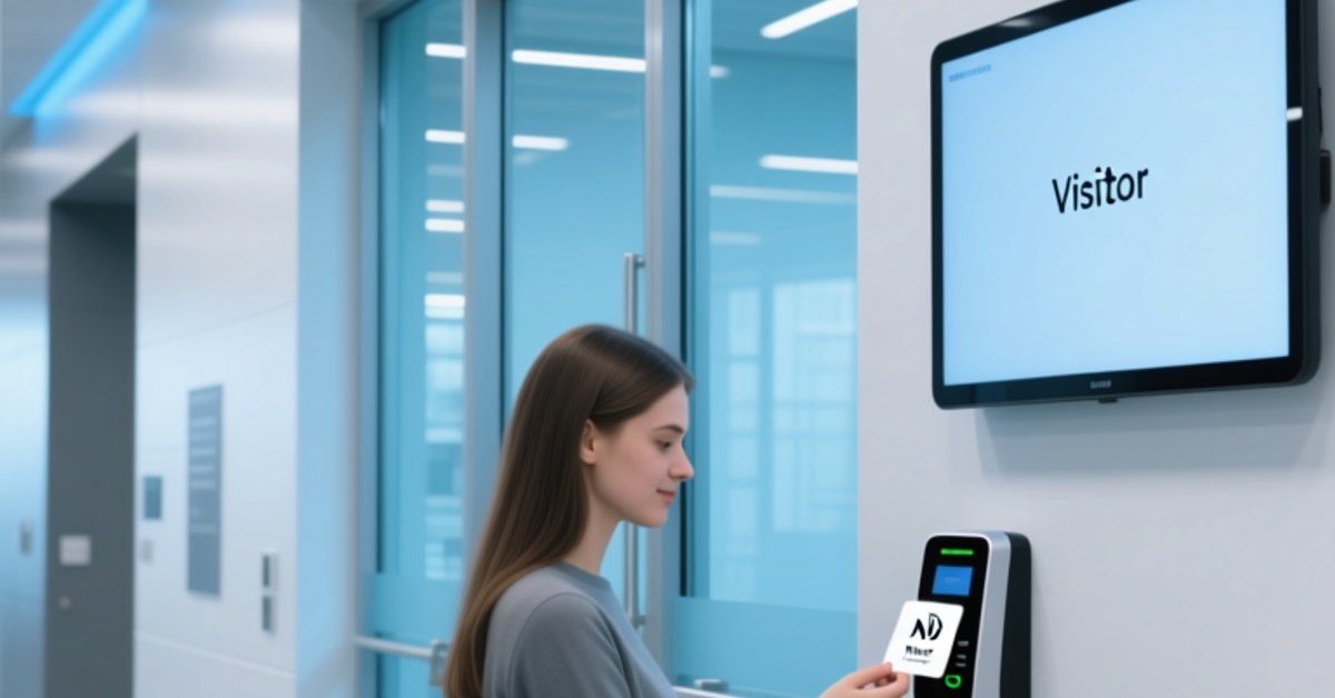 Student tapping an NFC campus ID card at a modern university door reader