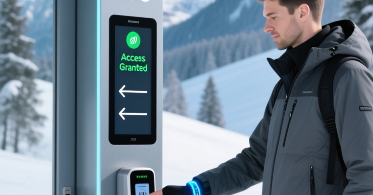 Skier tapping an NFC wristband on an RFID reader at a ski lift access gate in a snowy mountain resort