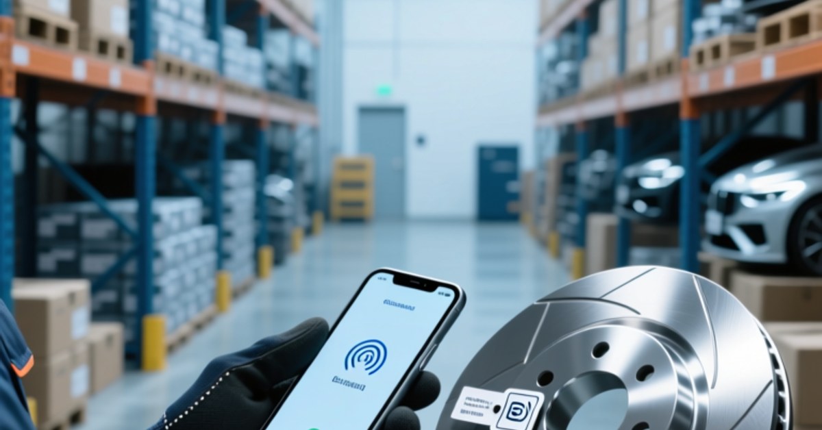 Mechanic scanning an NFC tag on an auto part package with a smartphone in a workshop