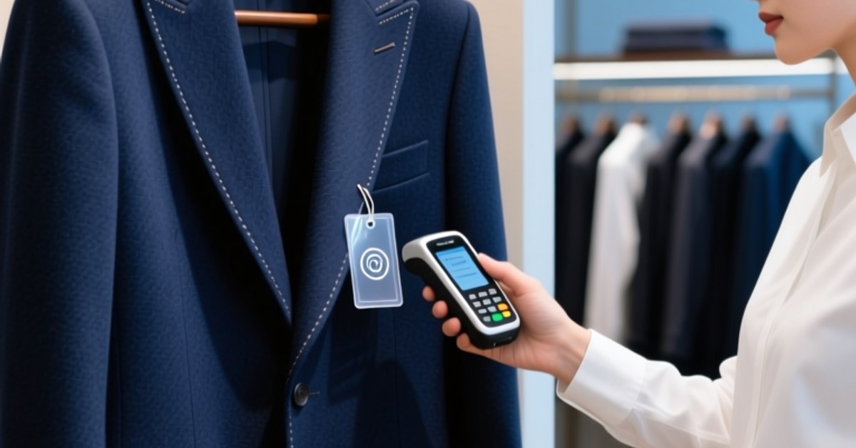 Handheld RFID reader authenticating a luxury garment care label with NFC tag in a boutique
