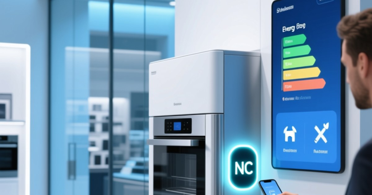 Etiqueta NFC em um eletrodoméstico moderno conectado a dados de passaporte de produto digital