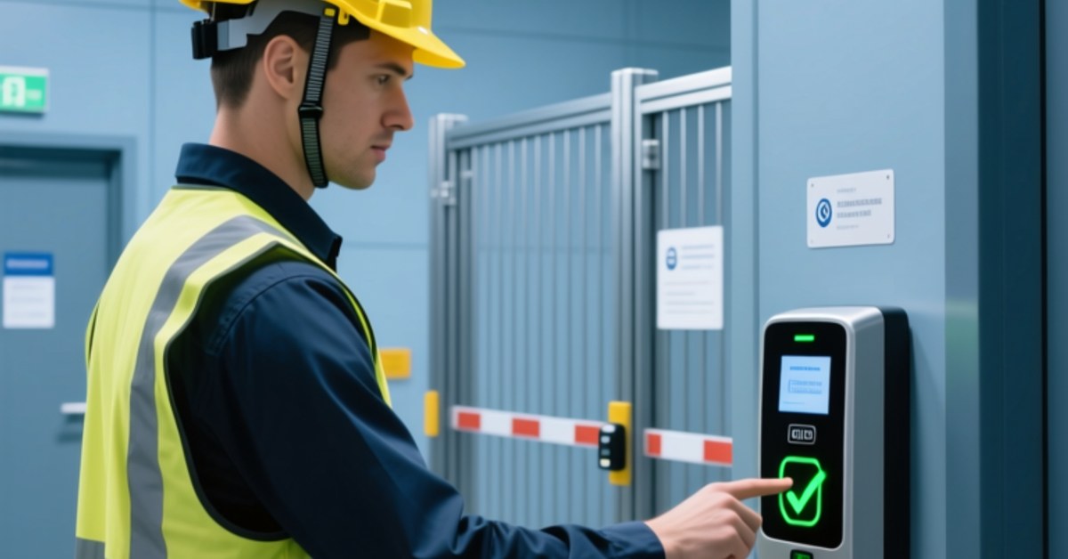 Worker taps NFC wristband on access control reader at industrial construction site entrance