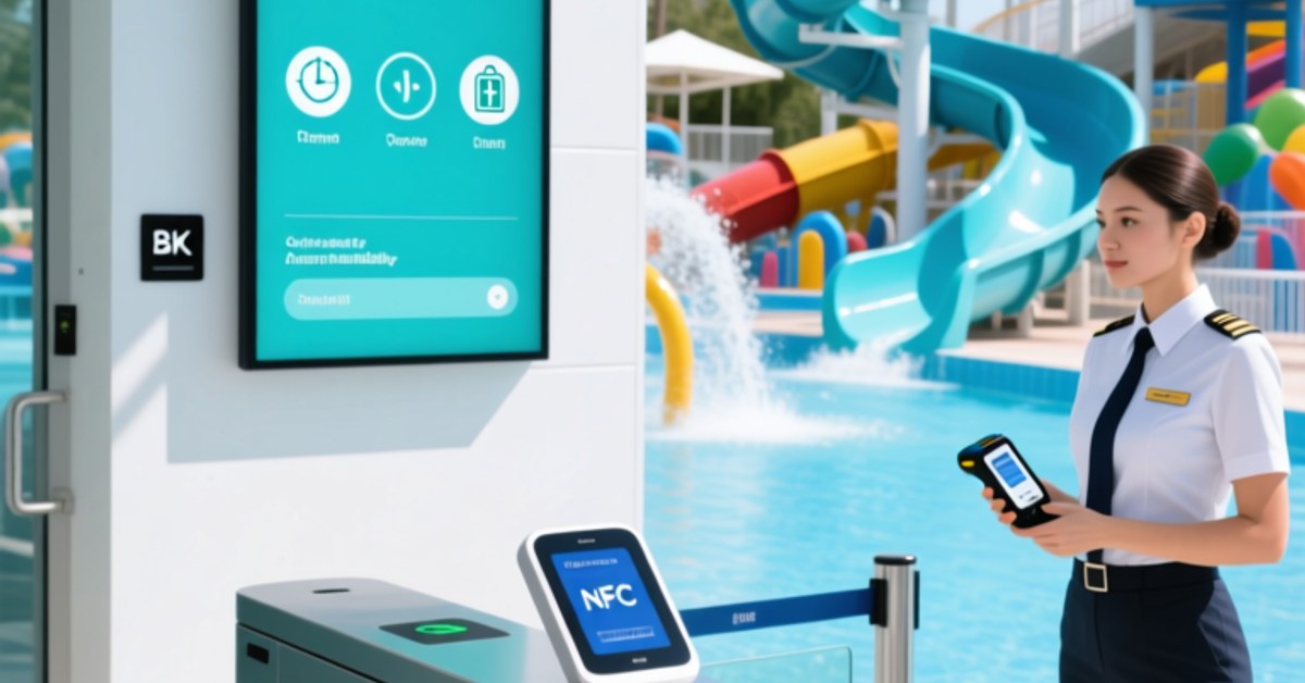 Waterproof NFC wristband tapped at a water park entrance gate for locker and cashless access