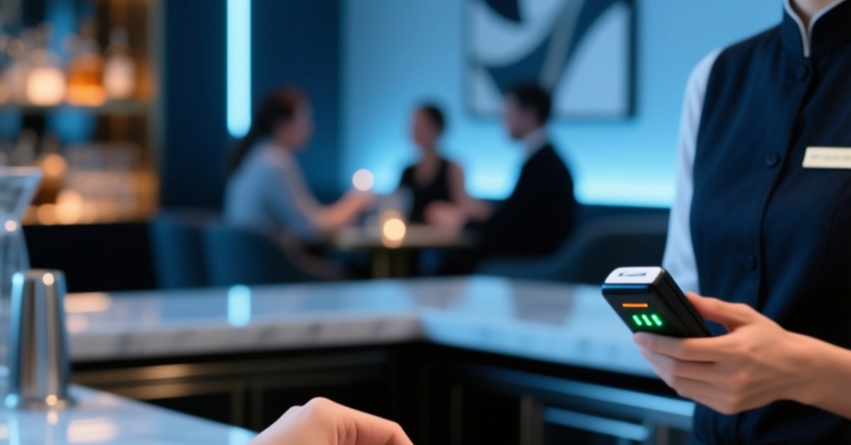 A bartender scans a guest's NFC wristband at a premium bar counter with a payment reader and soft nightlife lighting