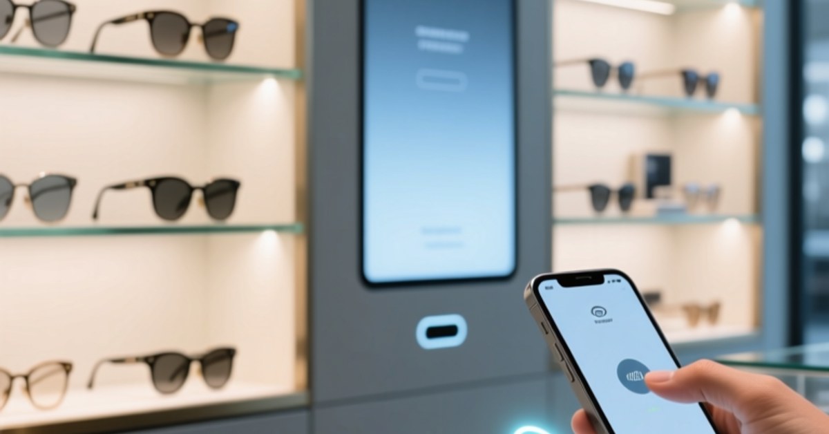 Luxury eyewear frame being scanned with a smartphone to verify NFC authentication