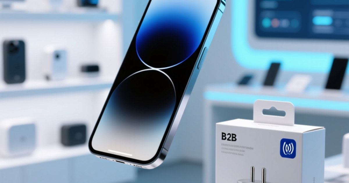 Smartphone tapping an NFC tag on a sealed charger package to verify authenticity in a retail store
