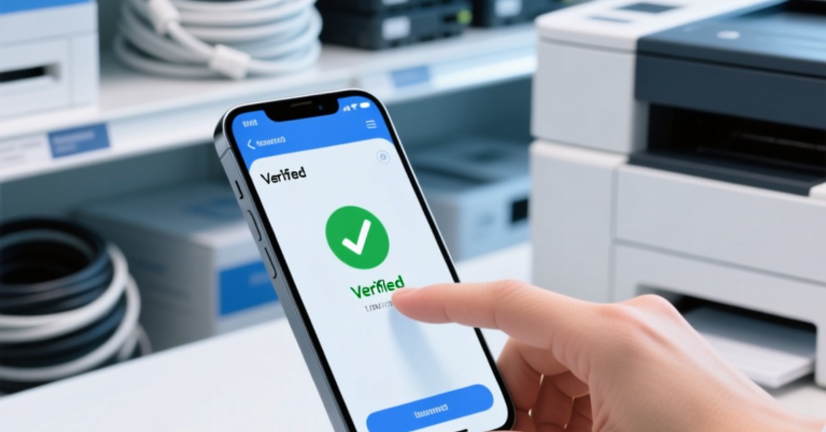 NFC tag on printer cartridge packaging being tapped by smartphone for verification