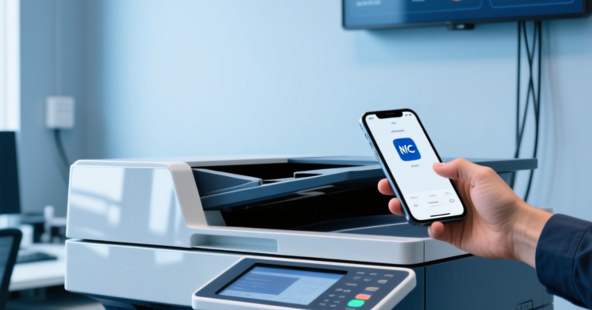 NFC tags on toner cartridges in a modern office printer, with a technician scanning using a smartphone, illustrating automated consumable tracking.