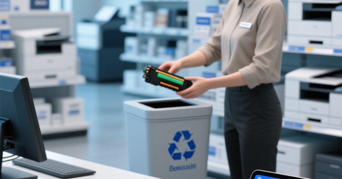 NFC-tagged toner cartridge being scanned at a retail take-back collection point for closed-loop recycling