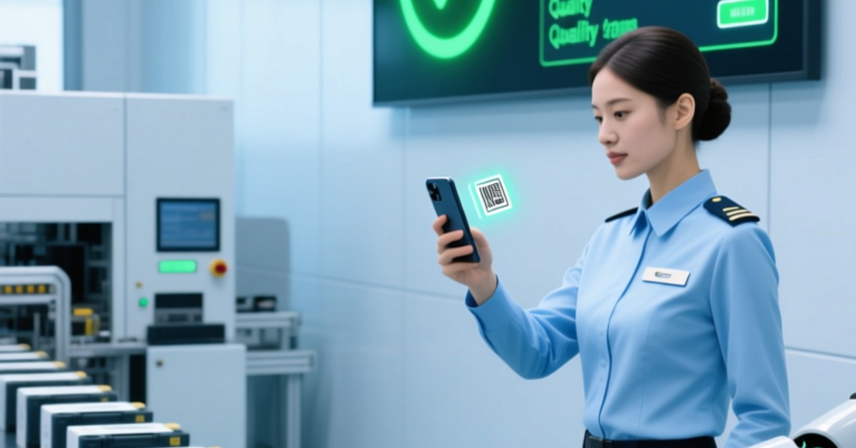NFC tag on a remanufactured printer cartridge being scanned by a smartphone for authentication in a modern facility