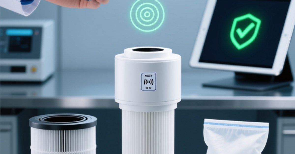 NFC verification of genuine water, air and vacuum replacement filters using a smartphone in a clean warehouse