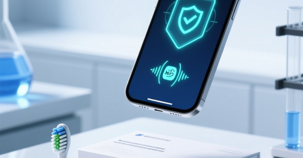 NFC-enabled electric toothbrush head and razor blade packaging with smartphone tap-to-verify