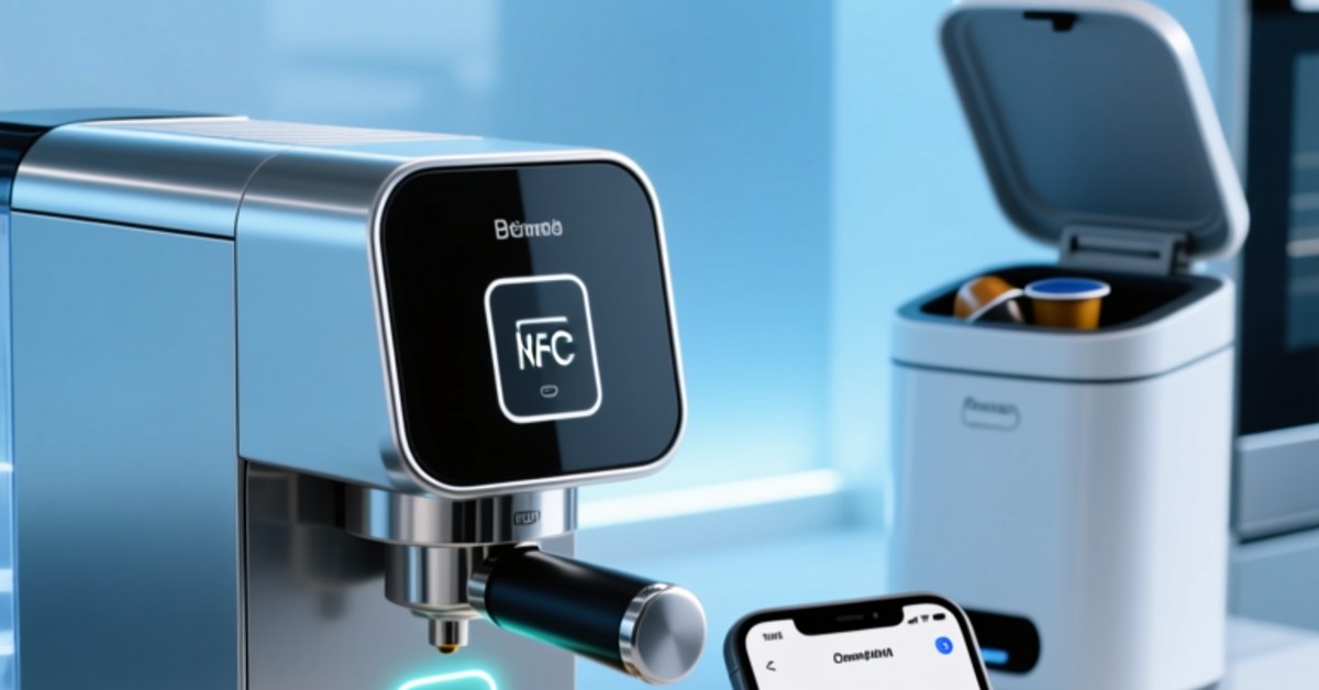 NFC-enabled coffee machine reading an NFC tag on a coffee capsule for authentication and brew profile settings