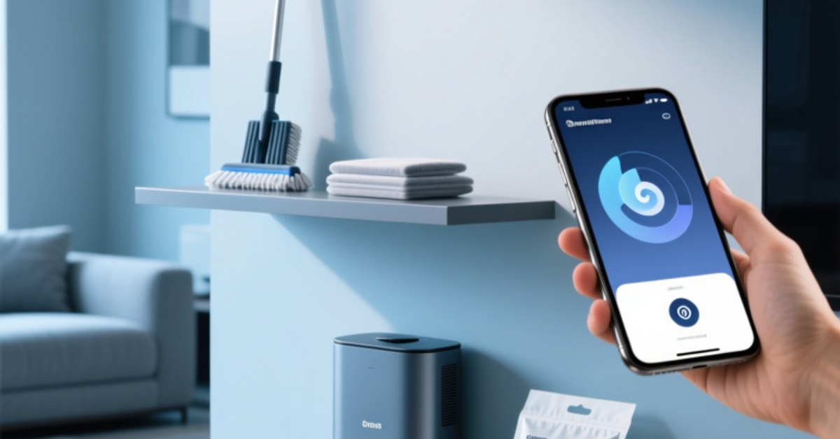 NFC tags on robot vacuum dust bags, mop pads, and filters with smartphone scanning for authentication and reorder