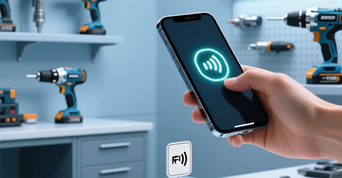 NFC authentication for power tool battery packs: verifying genuine batteries with smartphone tap.