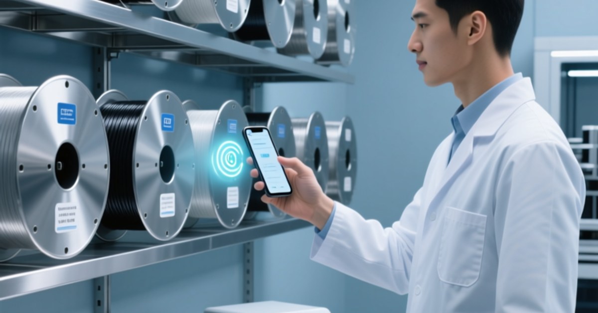 Technician scanning an NFC tag on a 3D printing filament spool with a smartphone in a modern additive manufacturing workshop.